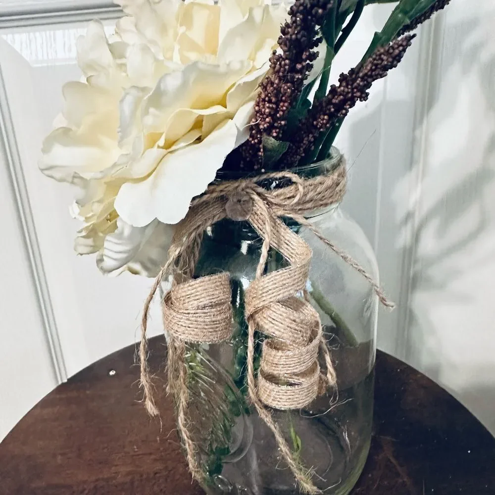 Silk Peony Floral Glass Mason Jar Vase Rustic Decor